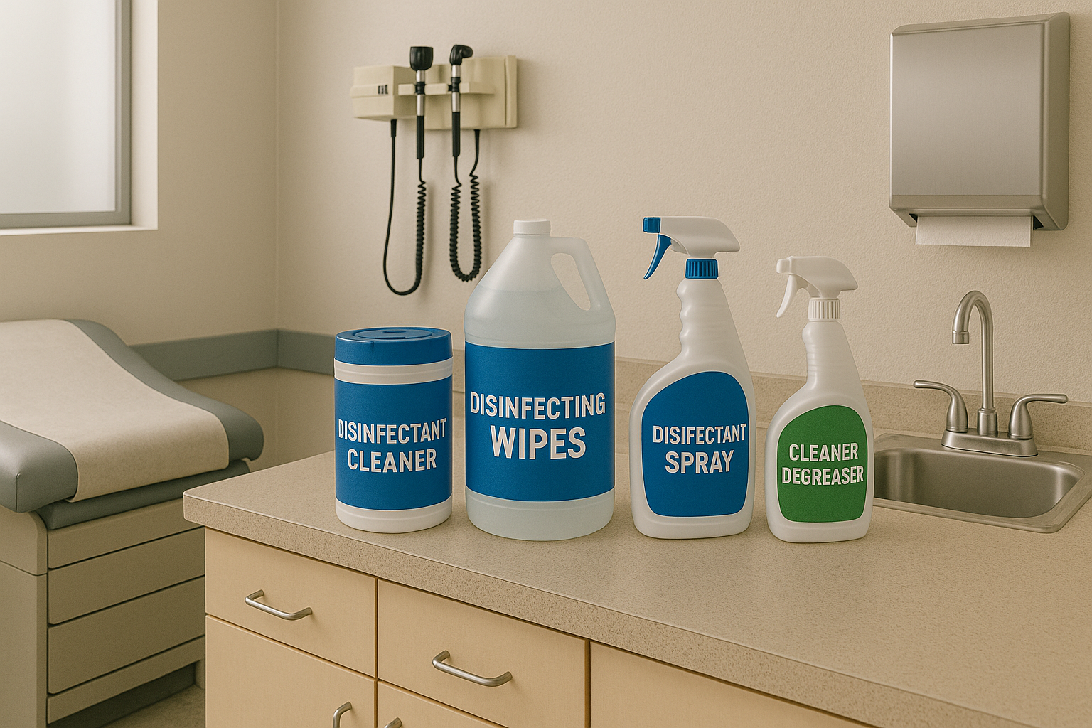 Healthcare exam room with disinfectants, wipes and cleaning sprays on countertop